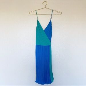 PHOEBE COUTURE Teal Color Block Mini Pleated Dress with Spaghetti Straps SZ 10